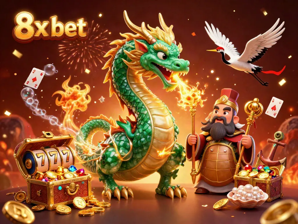Experience the thrilling 8x bet casino adventure with a jade dragon, turtle sage, and lucky cranes surrounded by treasure.