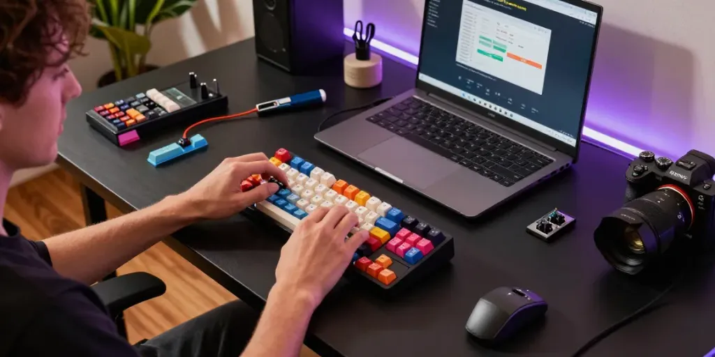 Building a custom Wooting 60HE v2 keyboard with colorful keycaps and accessories in a vibrant workspace.