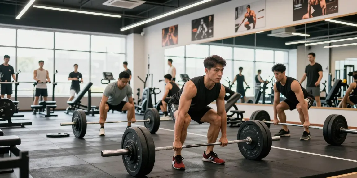 Bodybuilder im Steroidshop beim Training mit Gewichten im modernen Fitnessstudio.