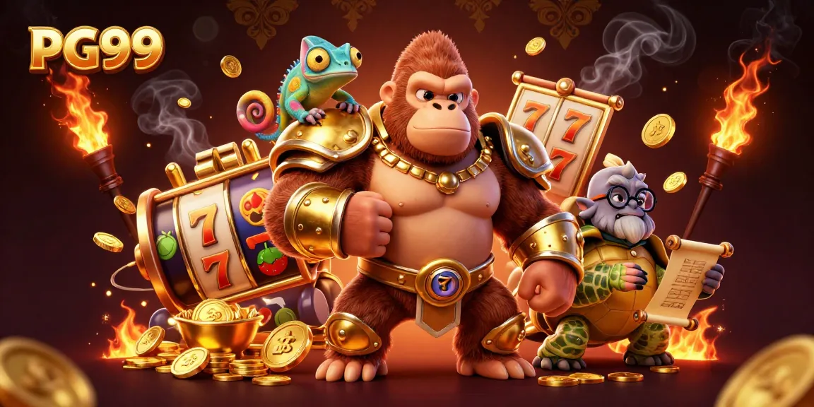 Engage with PG99's thrilling slot games illustrated by a mighty gorilla king and friends.
