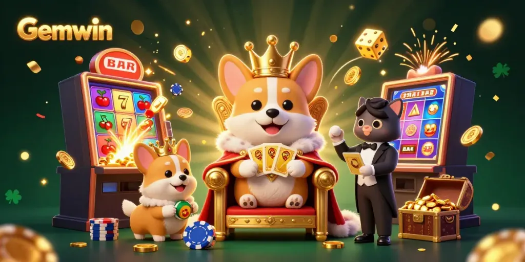 Experience Gemwin's thrilling joy with enchanting slot machines and royal treasures in this vibrant 3D scene.
