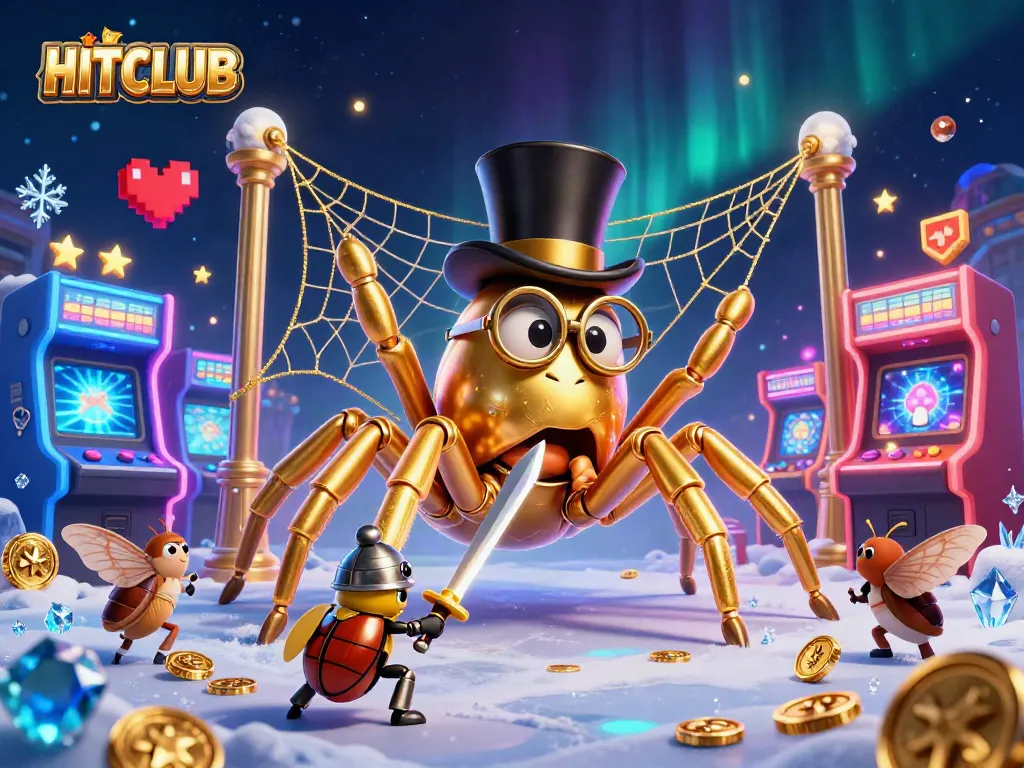 Engage in thrilling gaming at HITCLUB, featuring a vibrant scene with casino characters and exciting game elements.