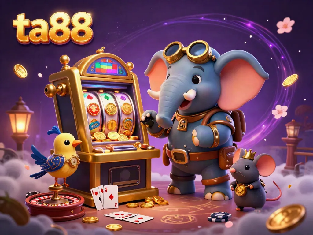 Engage with the unique ta88 gaming experience featuring a steampunk elephant and vibrant casino elements.