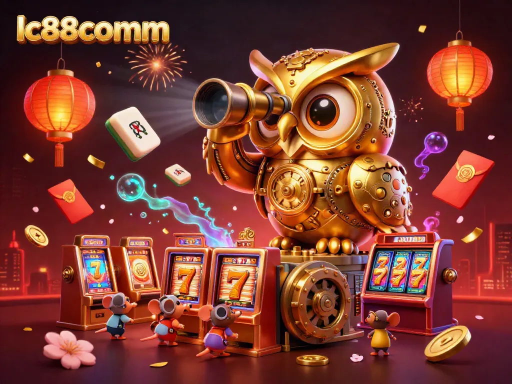 Experience the lively scene at lc88comm with a golden clockwork owl scanning a vibrant casino.