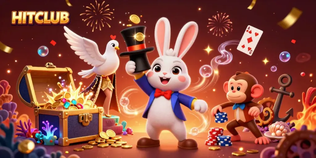 HITCLUB featuring a magician rabbit, dove, and monkey in a vibrant casino scene filled with treasures and magic.