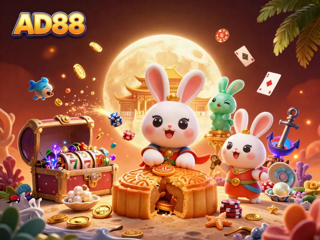 Engage with AD88's enchanting moonlit casino experience, where treasures unfold amidst vibrant gaming elements.