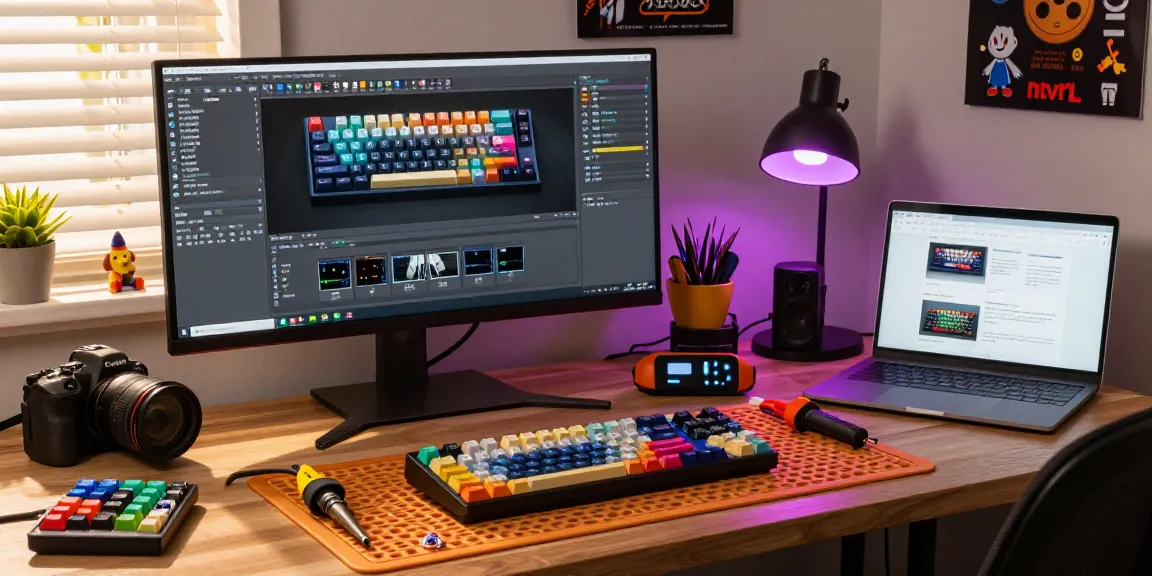 Passionate enthusiast assembling a Geek keyboard with vibrant keycaps in a stylish home office.