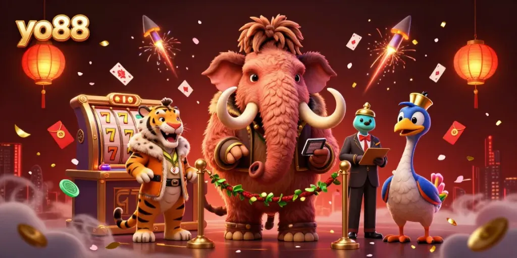 Engaging promotes for yo88 featuring a mammoth bouncer and dynamic casino elements.
