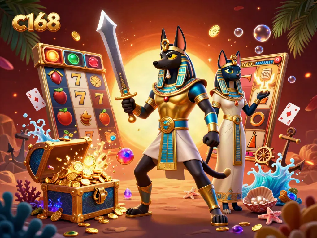 Experience c168's vibrant gaming excitement with Anubis and Bastet amidst treasures and dynamic casino elements.
