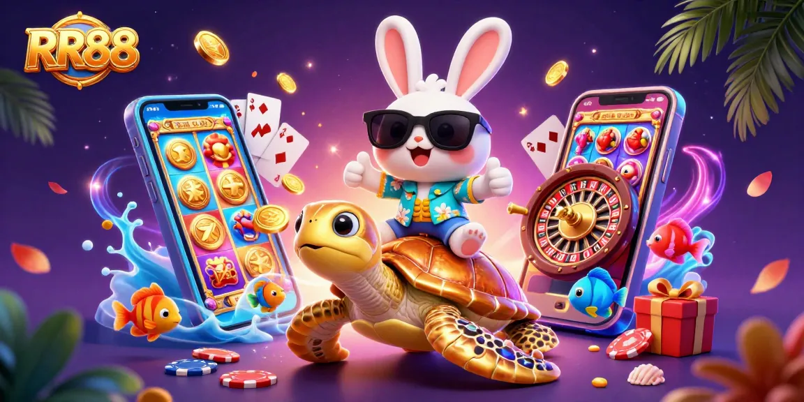 RR88 brings excitement as a lucky rabbit rides a golden turtle, surrounded by vibrant casino elements.