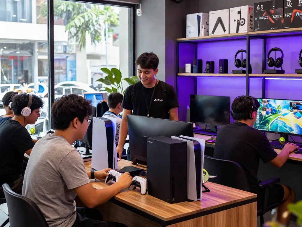 ROKOK88 offers original gaming consoles and accessories in a vibrant Jakarta store.