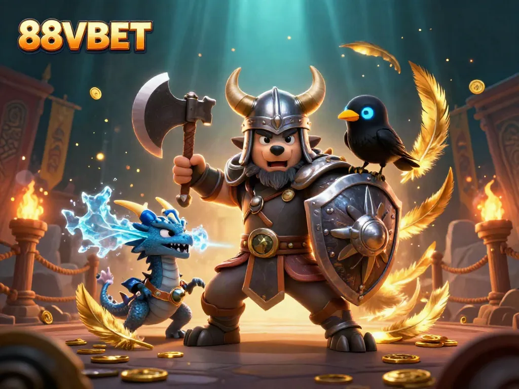 Engage in thrilling action at 88VBET's 3D casino with a Viking wolf warrior, dragon, and vibrant game elements.