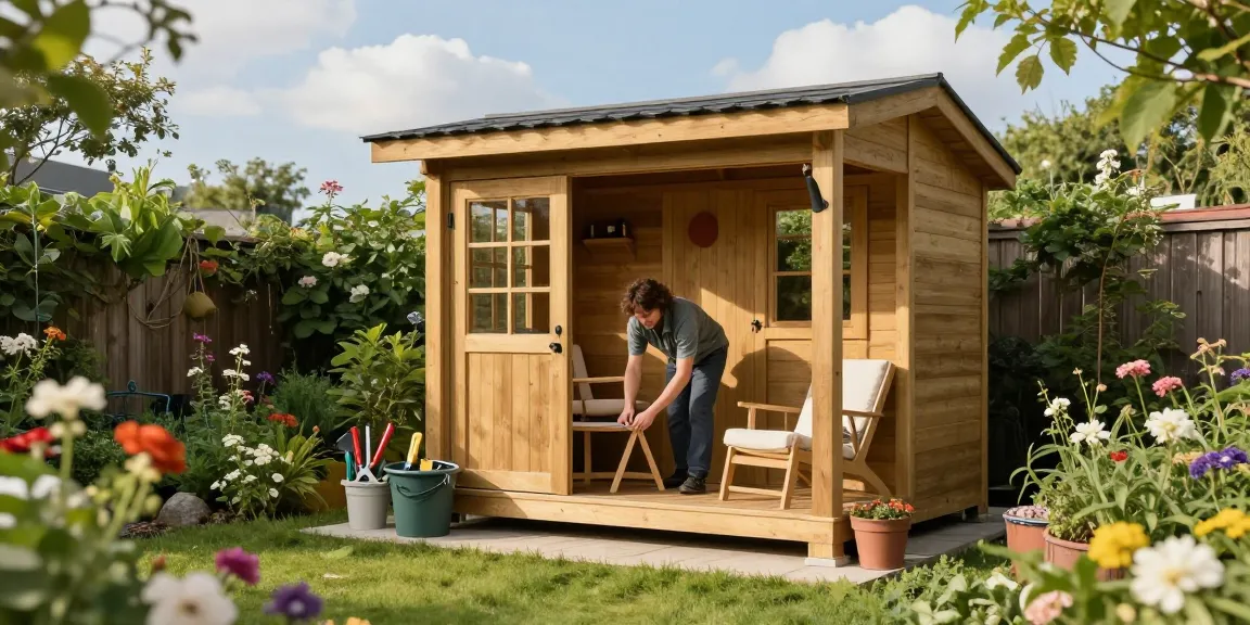 Gartenhaus kaufen: Elegantes Holz-Gartenhaus in blühendem Garten mit DIY-Enthusiast bei der Einrichtung.