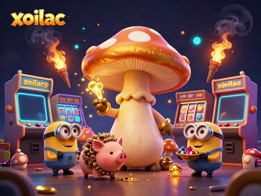 Xoilac's golden wizard and truffle pig surrounded by vibrant casino game elements in dynamic illustration.