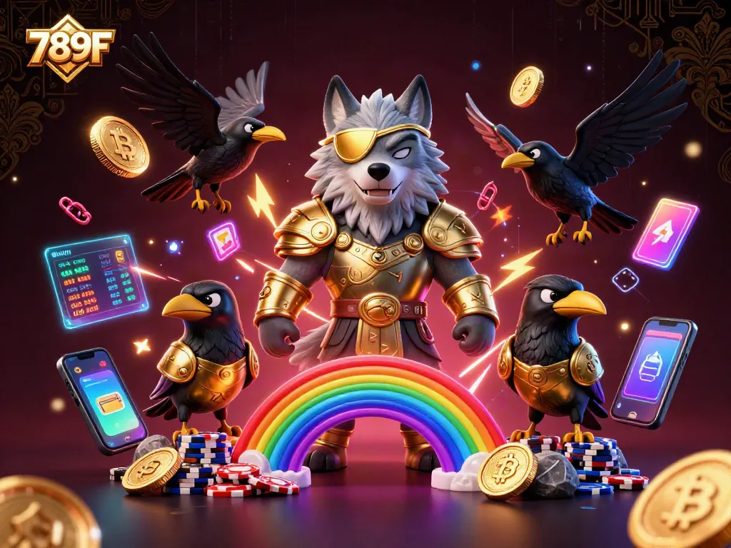 Engage with 789F's thrilling casino experience featuring Odin and ravens on a vibrant crypto-themed scene.