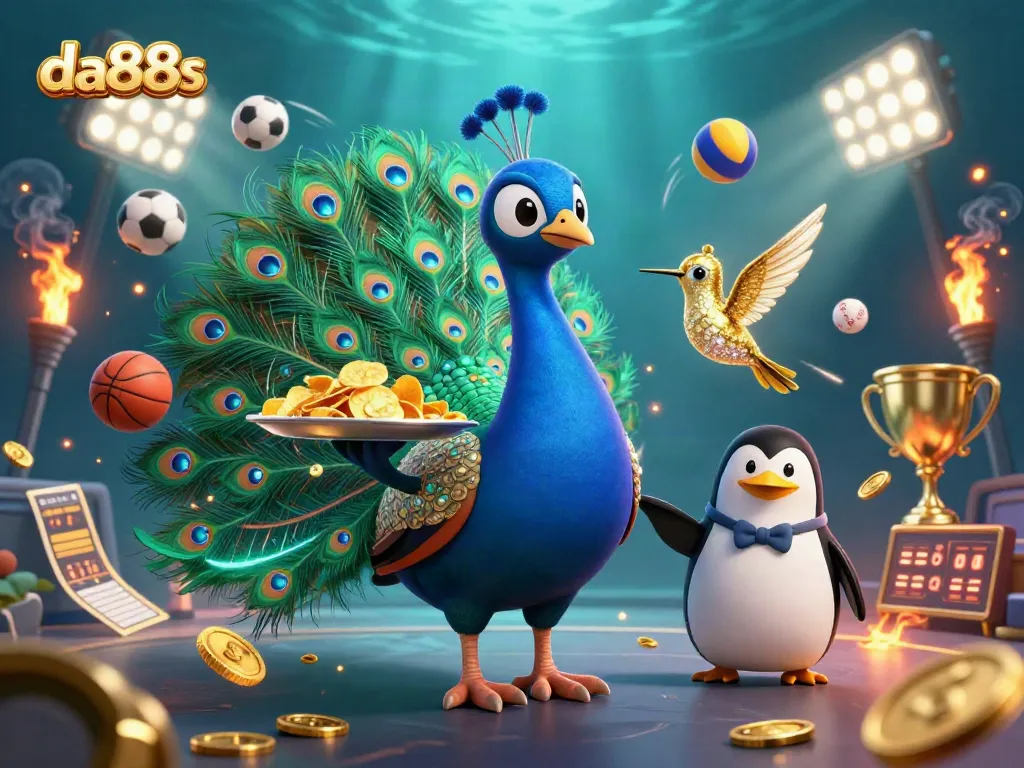 Engage in thrilling betting with da88s, featuring a colorful peacock amidst dynamic sports elements