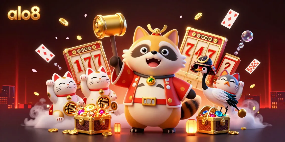 Experience thrilling gaming action at alo8 with cheerful tanuki bringing luck amidst vibrant slot symbols.
