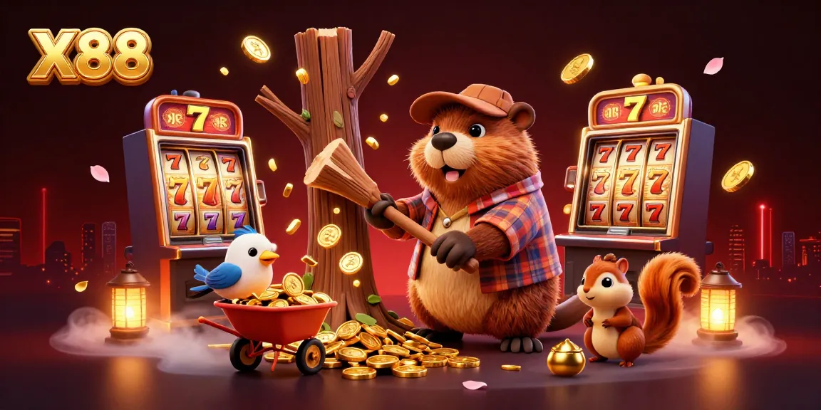 X88 engages players with a vibrant scene of a beaver collecting golden coins and jackpot reels, enhancing the gaming experience.