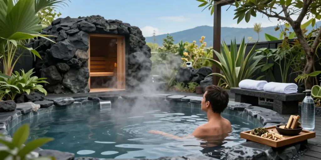 Relaxing ROKOK88 black mineral hot spring experience, serene volcanic setting.