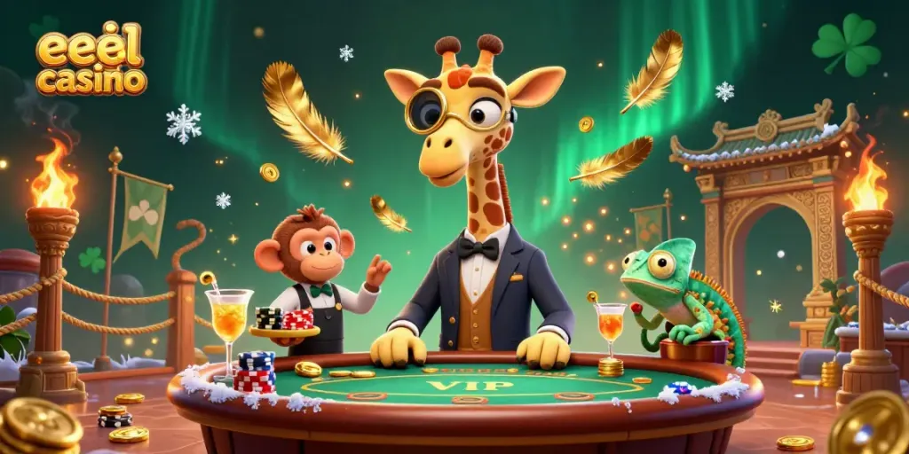 Experience excitement at eejl casino with a giraffe at a poker table, surrounded by lively characters.