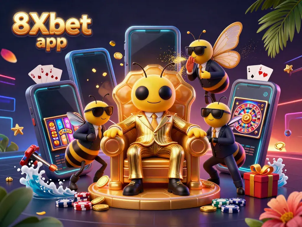 Engage with the exhilarating 8Xbet app as your virtual casino adventure comes alive in a vibrant 3D illustration.