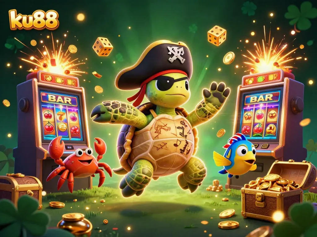 Engage with the thrilling world of ku88, where a cartoon pirate turtle, hermit crab, and parrotfish explore vibrant casino treasures.