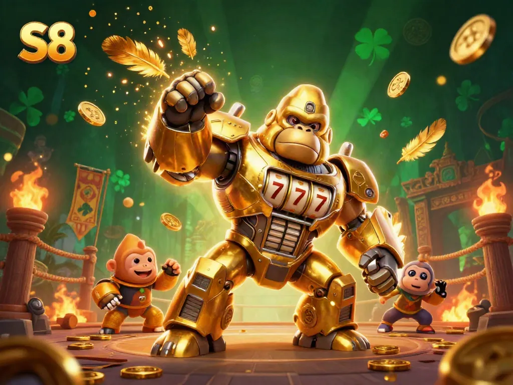 S8 online casino illustration showcasing a golden gorilla mech amidst coins and gaming elements for 2026
