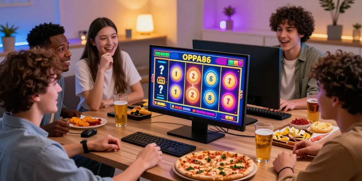 Friends enjoying online slot games on OPPA86, showcasing excitement and social gaming.