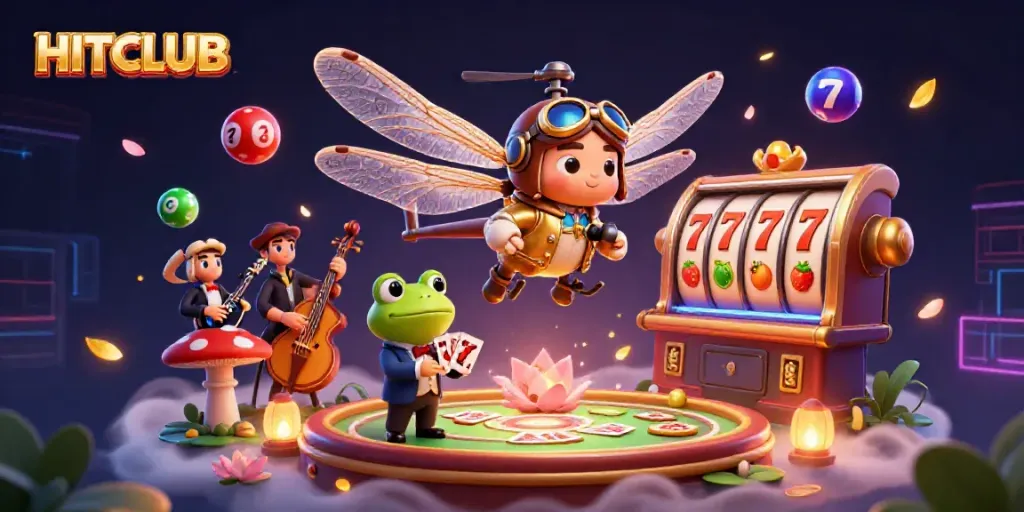 Experience dynamic gaming fun with HITCLUB's vibrant casino scene featuring lively characters and exciting elements.
