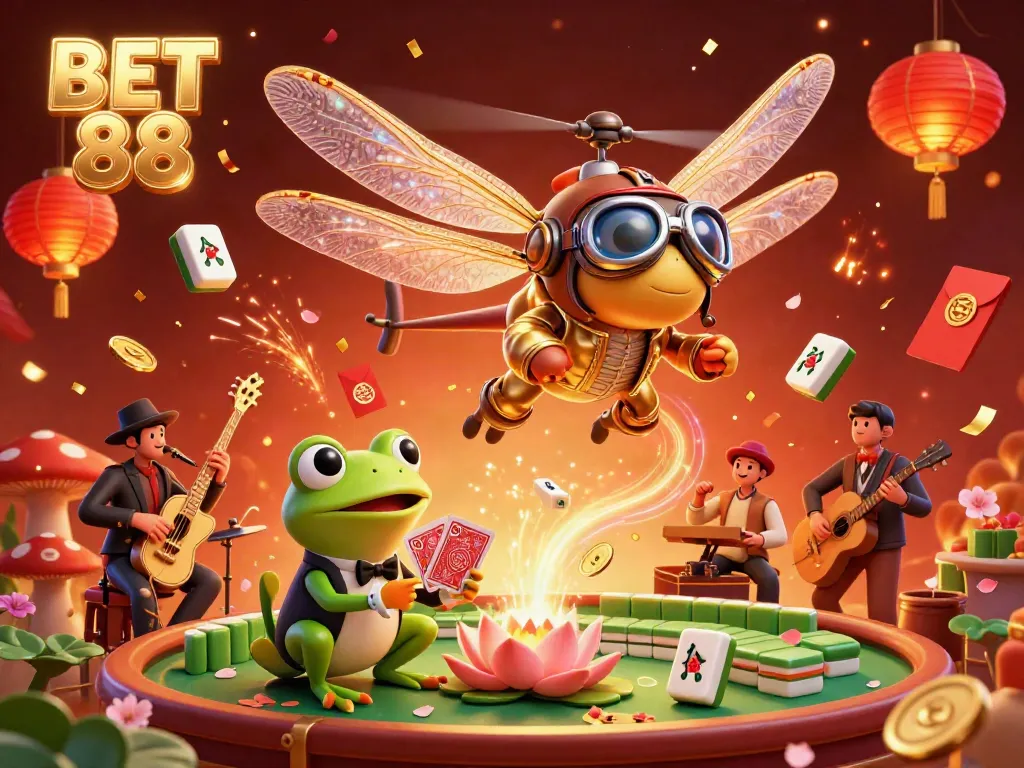 Experience the excitement of BET 88 with a dragonfly pilot and frog dealer in a vibrant casino scene.