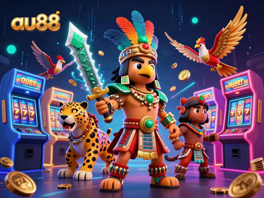 Experience thrilling action at au88 with a dynamic scene featuring Aztec warriors and vibrant casino elements.