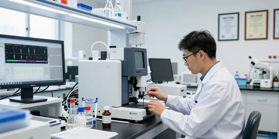 Aegean Labs Peptide testing in a cutting-edge laboratory with scientists performing HPLC analysis and using mass spectrometry.