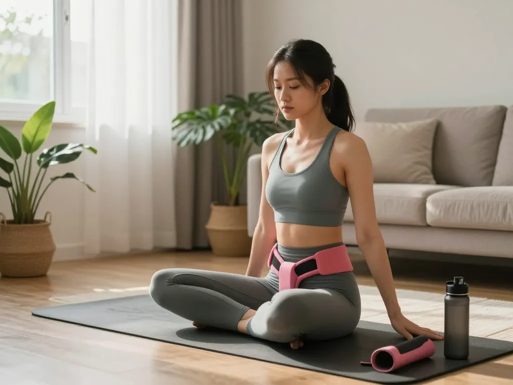 Woman practicing pelvic floor exercises with pelvic floor trainer from https://pelvi-care.de/ in a serene home environment.