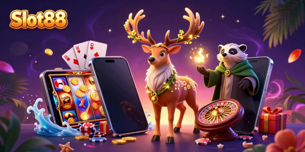 Engaging Slot88 3D illustration with characters and dynamic gaming elements creating an immersive gaming experience.
