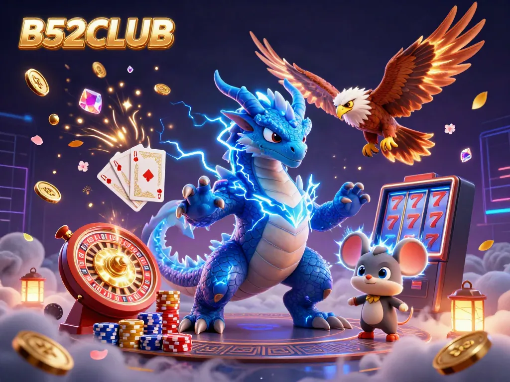 Experience excitement at B52CLUB with a thrilling 3D thunder dragon, glowing hawk, and thunder mouse mascot amidst vibrant casino symbols.