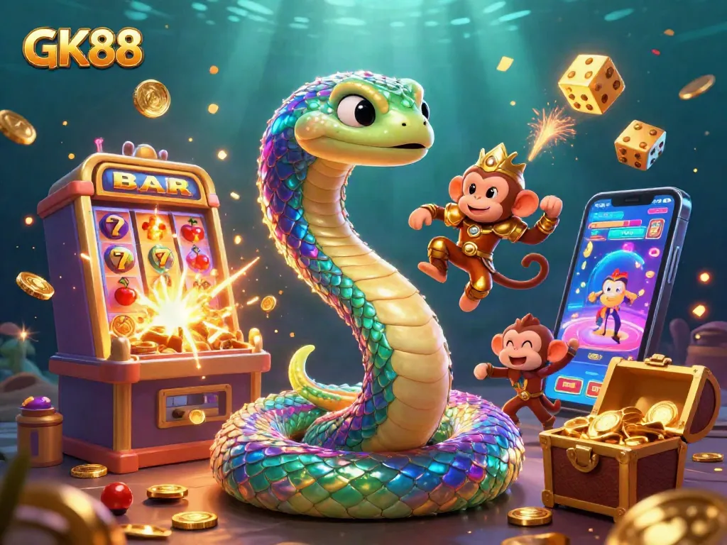 Engage with GK88's thrilling casino experience featuring a colorful jackpot scene and dynamic characters.