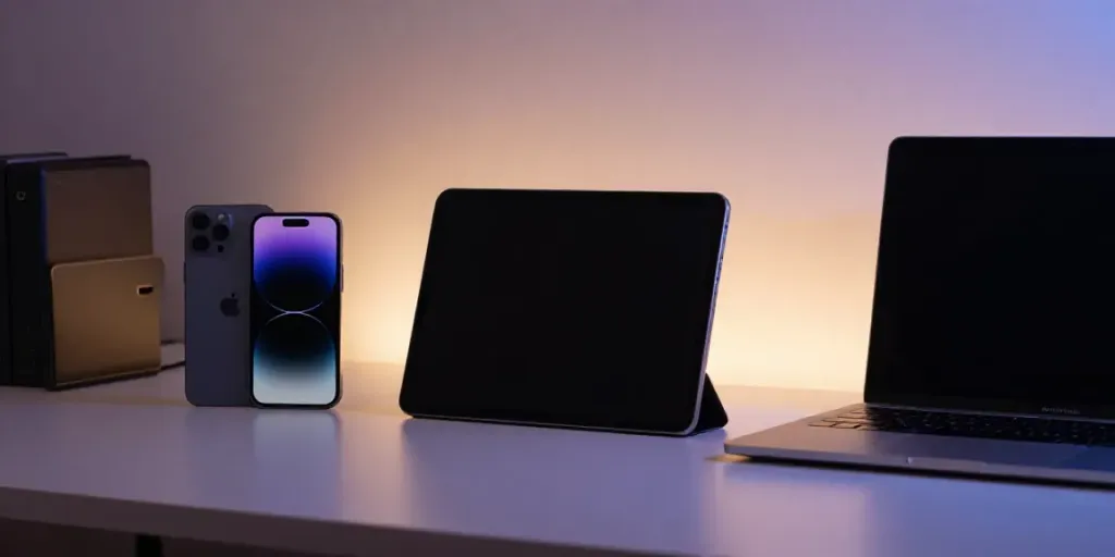 Moderne Gadgets und Technologie, einschließlich Smartphone und Tablet, in einem stilvollen Arbeitsplatz.
