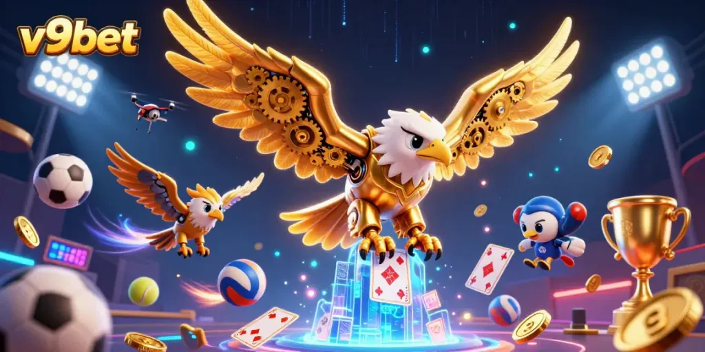 Experience thrilling gameplay at v9bet casino with dynamic action and golden eagle illustrations.