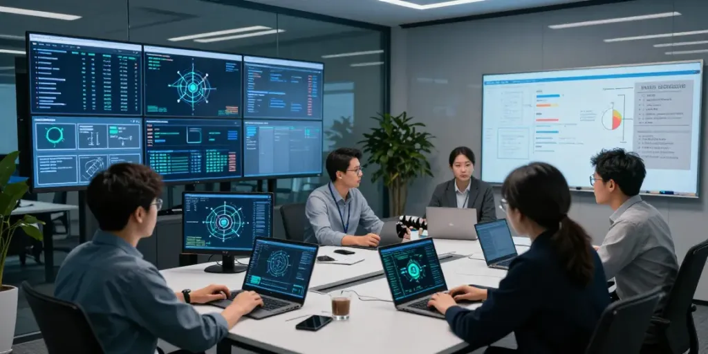 IT-Service Frankfurt: Überwachungsraum für Cybersicherheit mit Sicherheitsanalysten und modernen Tools.