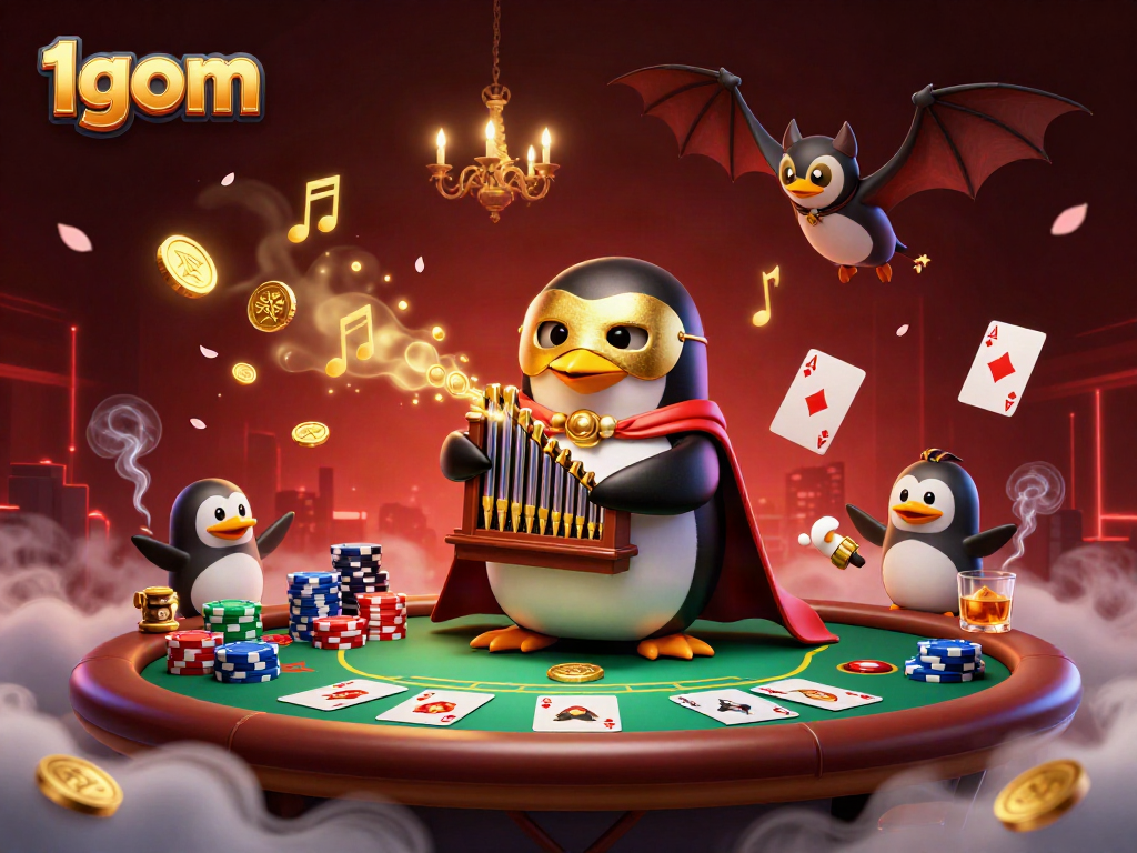 Enjoy thrilling moments with 1gom as a penguin organist showers coins, surrounded by poker elements.
