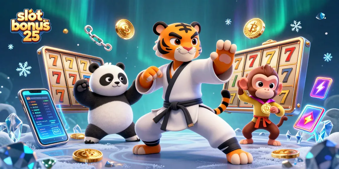 Experience the excitement of slot bonus 25 with colorful slot reels amidst fun characters in a vibrant casino setting.