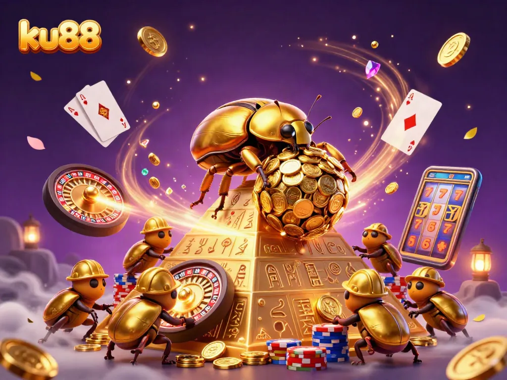 Join the thrilling casino world of ku88, where golden coins cascade amidst exciting games and fortune awaits!