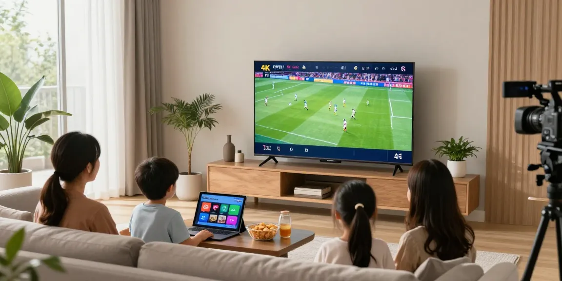 Family watching IPTV anbieter sports game in modern living room.