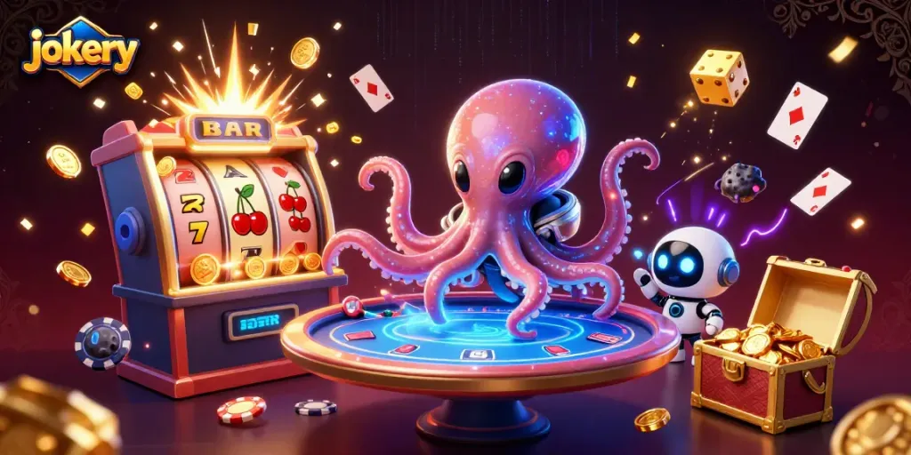 Engage in jokery thrills with a vibrant 3D casino scene featuring an alien octopus and exciting game elements.
