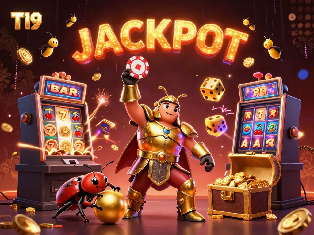 T19 players winning big with a hercules beetle champion in a vibrant 3D casino scene.