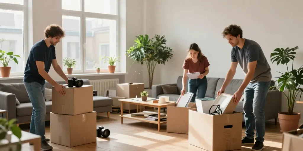 Professionelle Wohnungsauflösung in Berlin Reinickendorf mit Umzugshelfern, die Möbel einpacken.