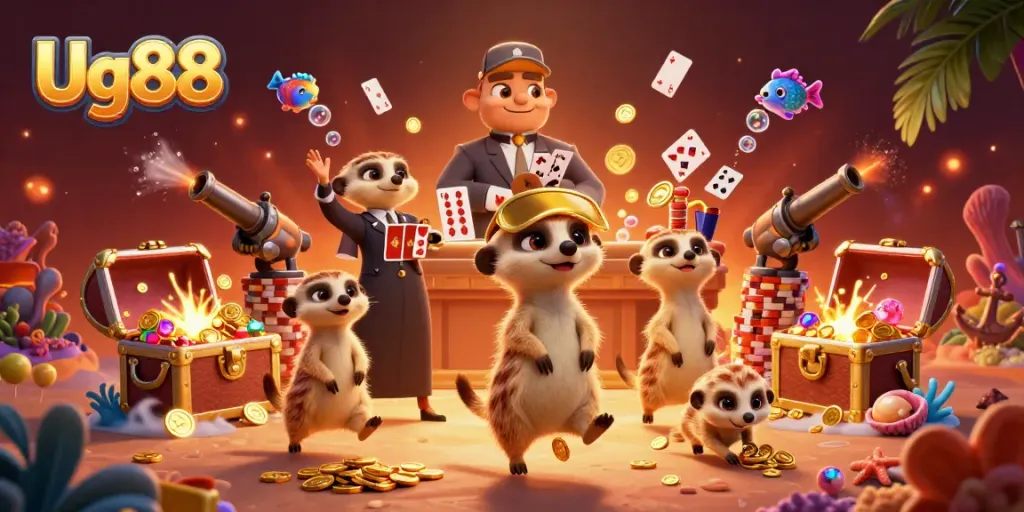 Experience the excitement at Ug88's animated casino scene, featuring meerkats amidst treasures and games.
