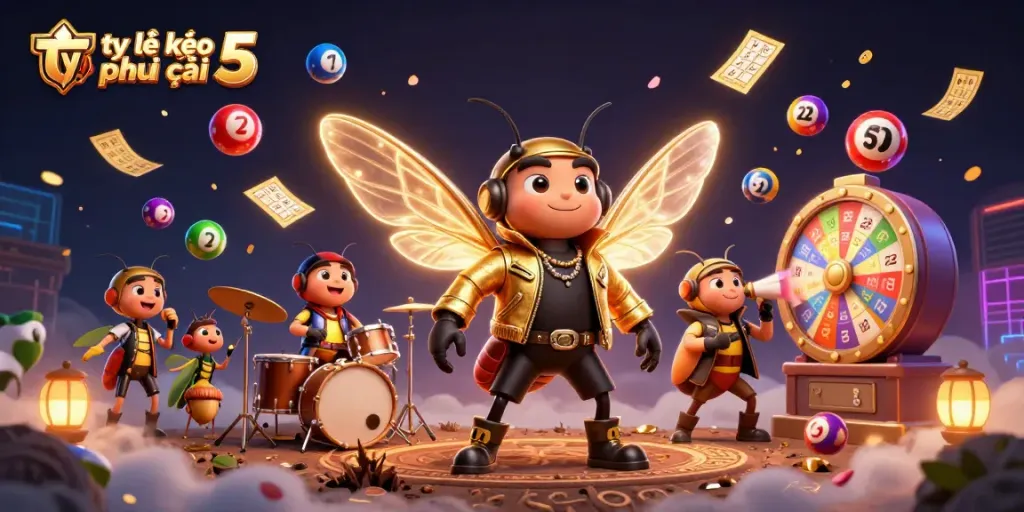 Experience the excitement of tỷ lệ kèo nhà cái 5 with colorful lottery elements and vibrant casino characters.