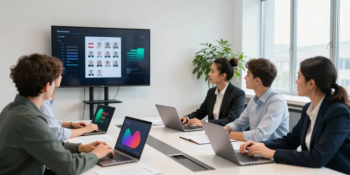 Professionelles Team bei der Personalvermittlung aus Polen in modernem Büro mit digitalen Profilen.