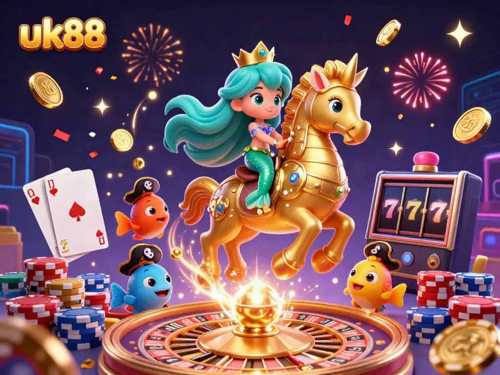 Experience the excitement of winning at uk88 with a vibrant 3D casino scene showcasing mermaids, coins, and games.